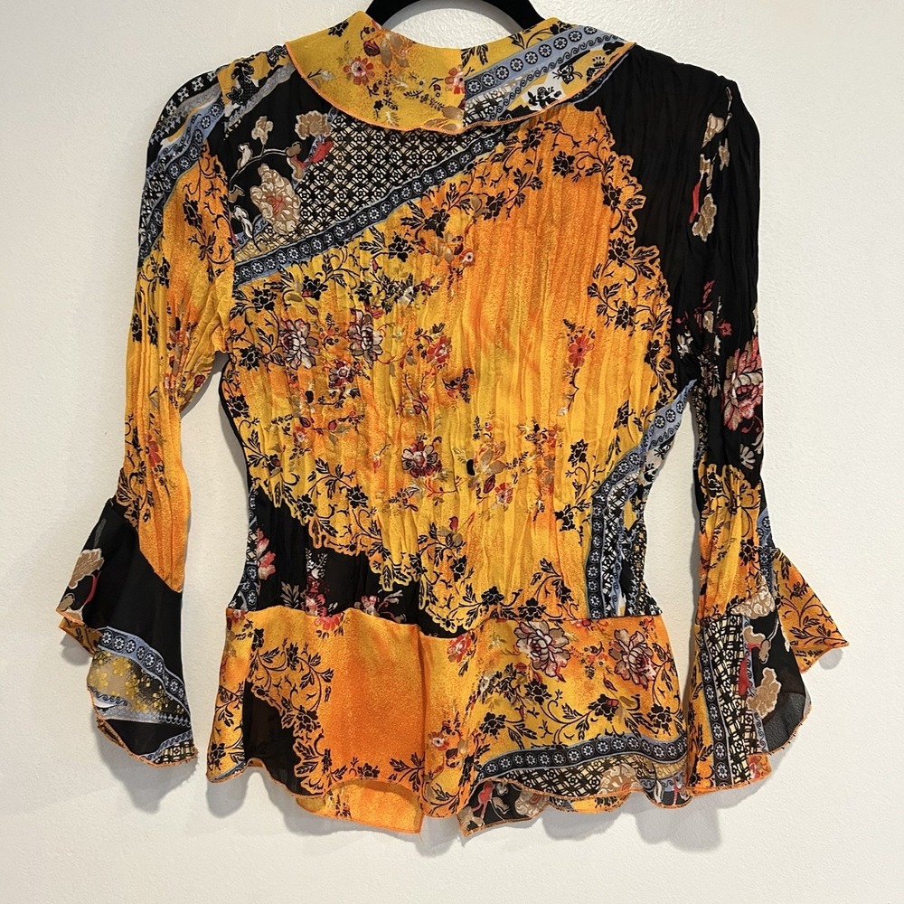 Jaipur Y2K witchy‎ fairycore magical Gold Crepe Floral Ruffle Blouse top Pleat S - Picture 2 of 9